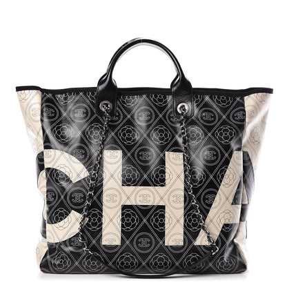 Chanel Coated Canvas Camellia Medium Shopping Tote Black Beige 1 of 11