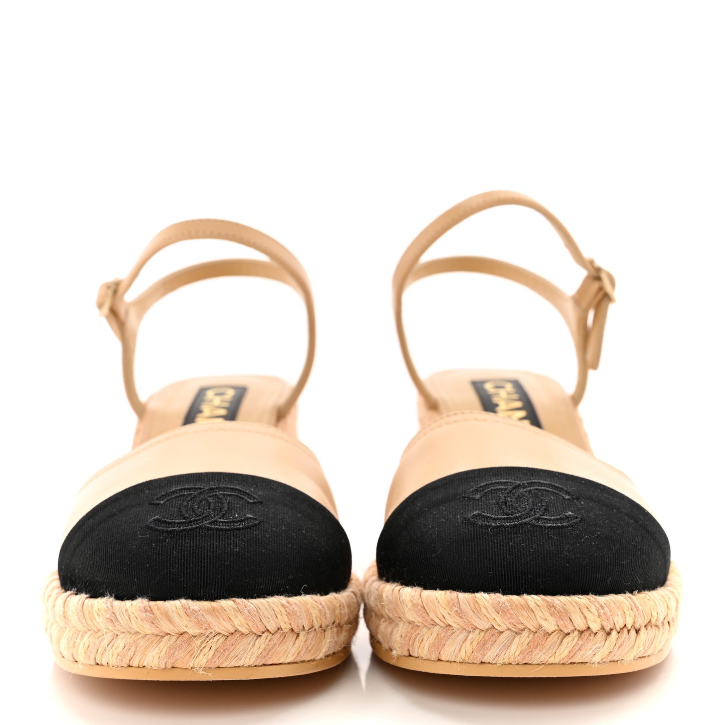 Lambskin Grosgrain CC Espadrilles Wedges 36 Beige Black