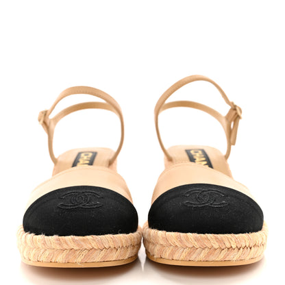 Chanel Lambskin Grosgrain CC Espadrilles Wedges 36 Beige Black 2 of 8