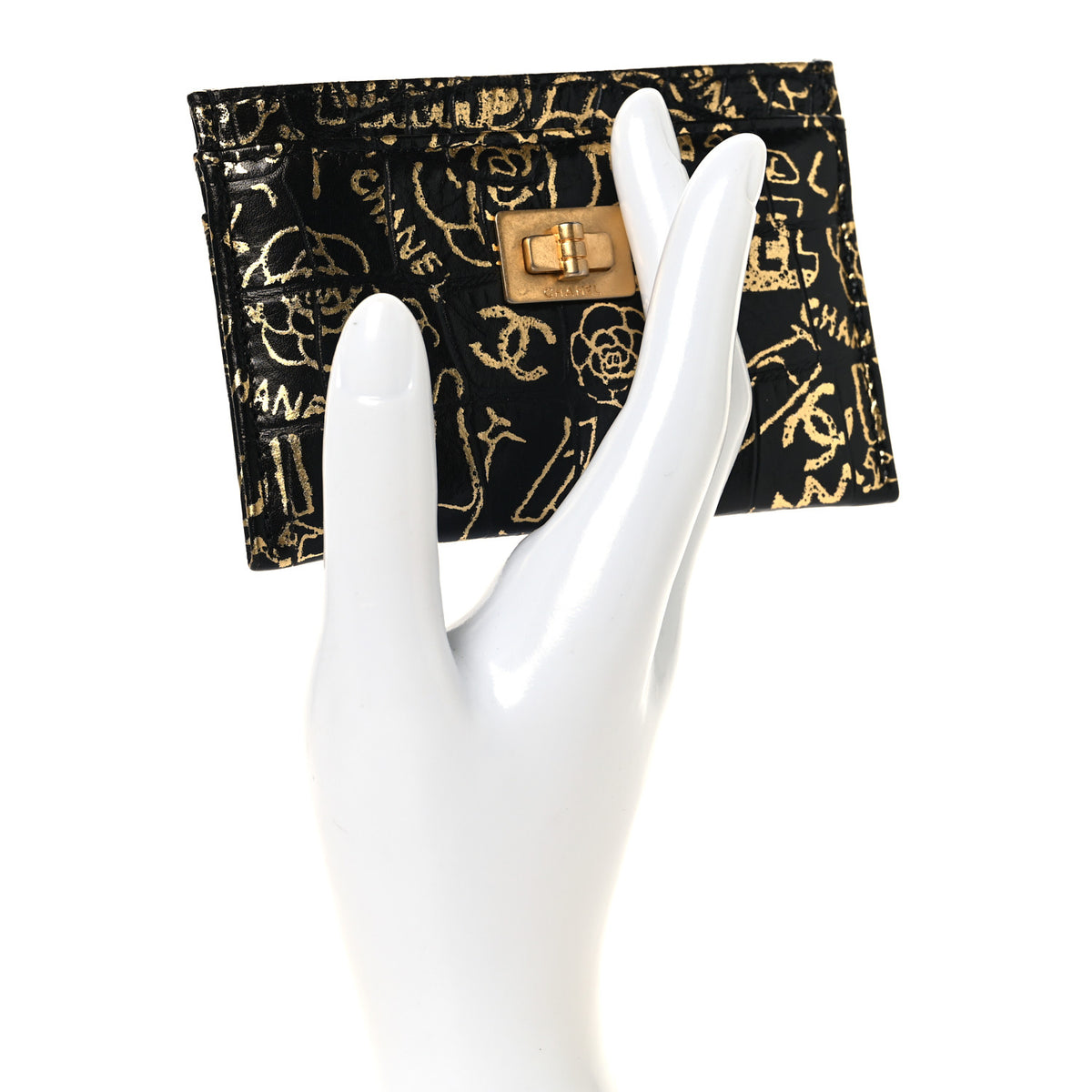 Calfskin Crocodile Embossed Graffiti 2.55 Cocodile Reissue Card Holder Black Gold