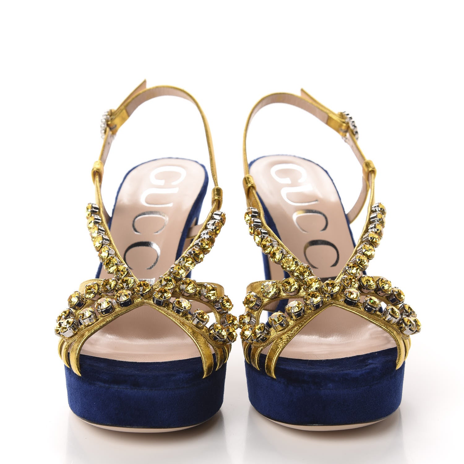 Gucci Velvet Nappa Crystal Zephyra Slingback Platform High Heel Sandals 35.5 Blue Gold 2 of 10