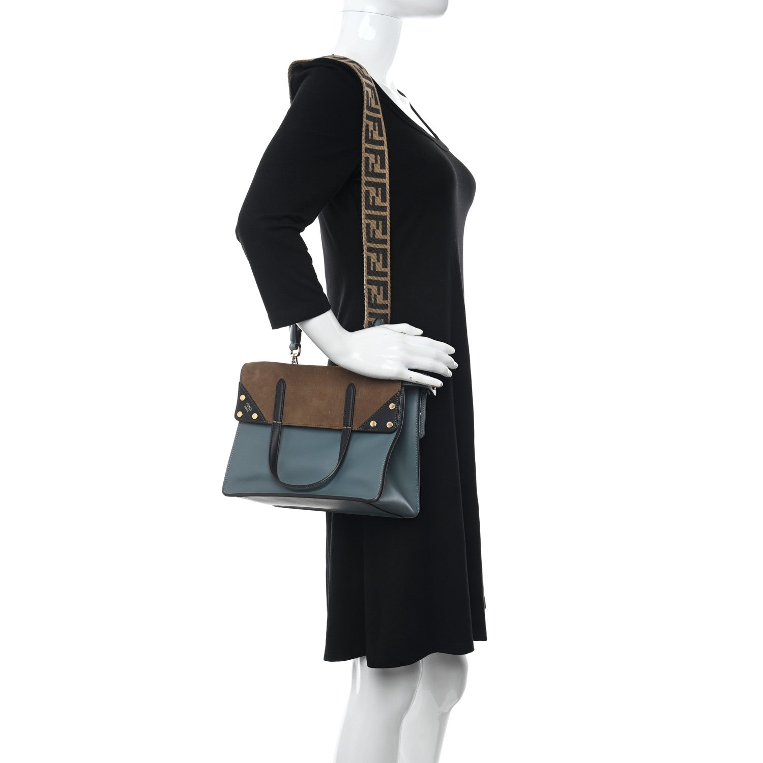Fendi Vitello Grace Suede Small Flip Tote Azzurro Merlino Marrone Black 2 of 9