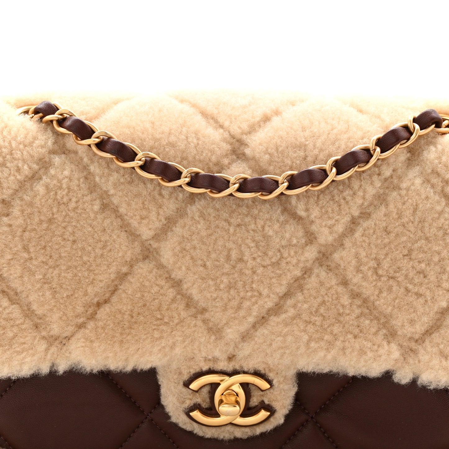 Shearling Lambskin Quilted Furry Coco Flap Beige Dark Brown
