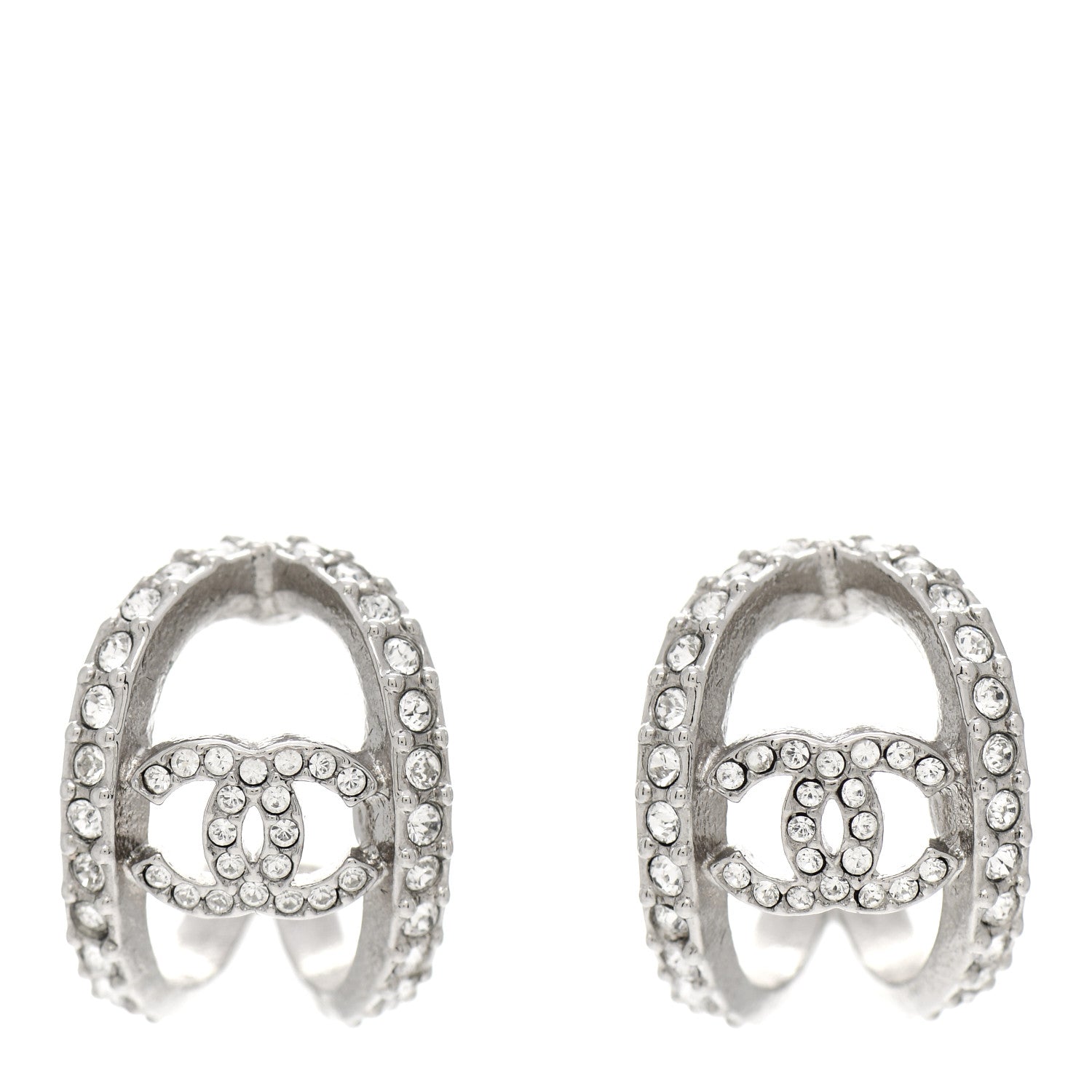 Chanel Crystal Strass CC Double Hoop Earrings Silver 1 of 4