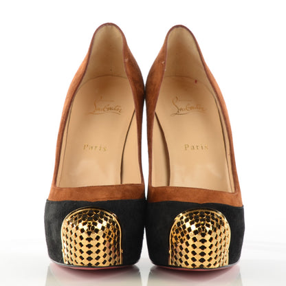 Christian Louboutin Suede Calfskin Maggie 140 Pumps 38.5 Black Brown 3 of 16
