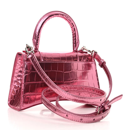 Balenciaga Metallic Shiny Calfskin Crocodile Embossed Hourglass Top Handle Bag XS Pink 3 of 11