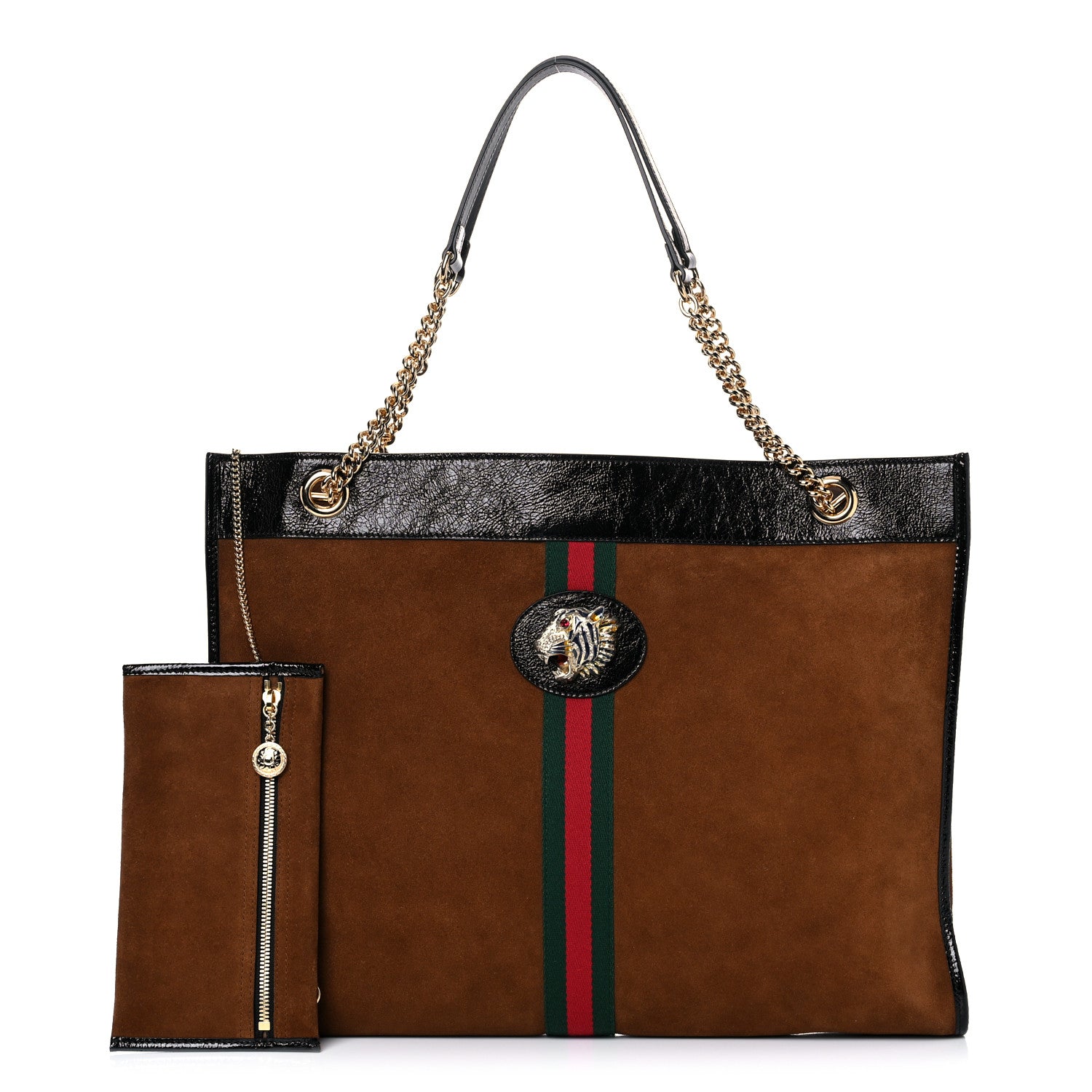 Gucci Suede Patent Large Rajah Chain Tote Nocciola Black 1 of 12