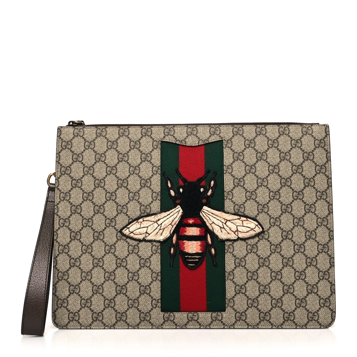 GG Supreme Monogram Web Animalier Bee Embroidered Medium Documents Holder Beige New Acero