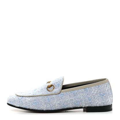 Gucci Wool Tweed Horsebit Womens Jordaan Loafers 38 Light Blue White Mystic White 1 of 9