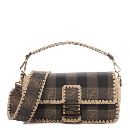 Fendi Fabric Jacquard Raffia Straw Pequin Gingham Woven Baguette Beige Black Natural 1 of 9