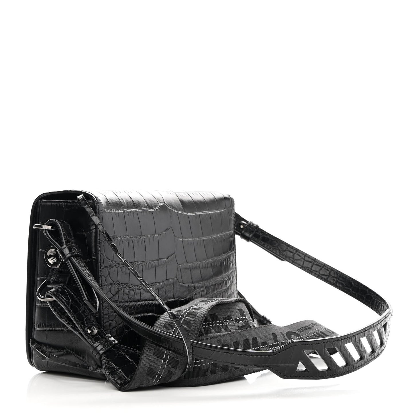 Calfskin Embossed Crocodile Binder Flap Bag Black