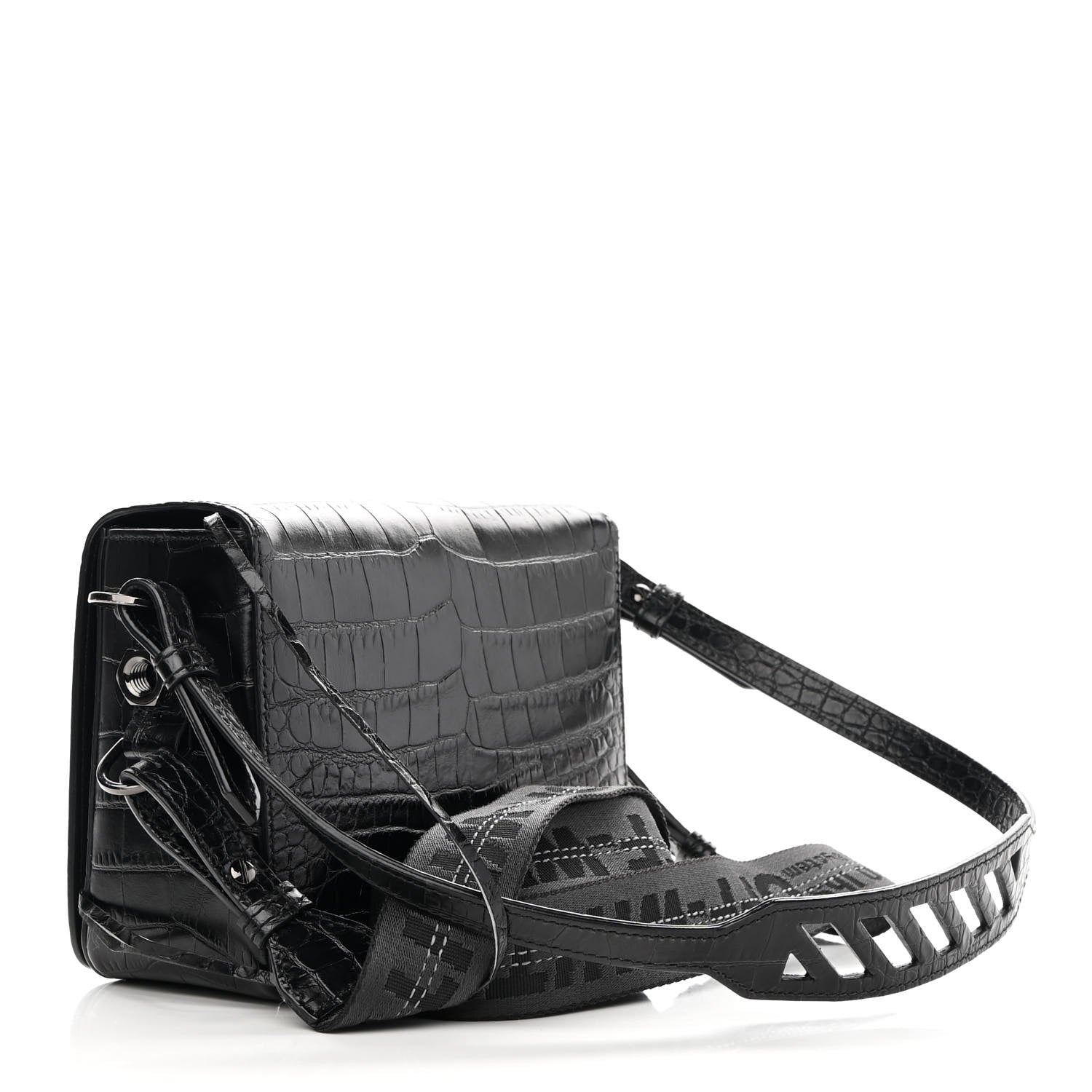 Off-White Calfskin Embossed Crocodile Binder Flap Bag Black 3 of 12