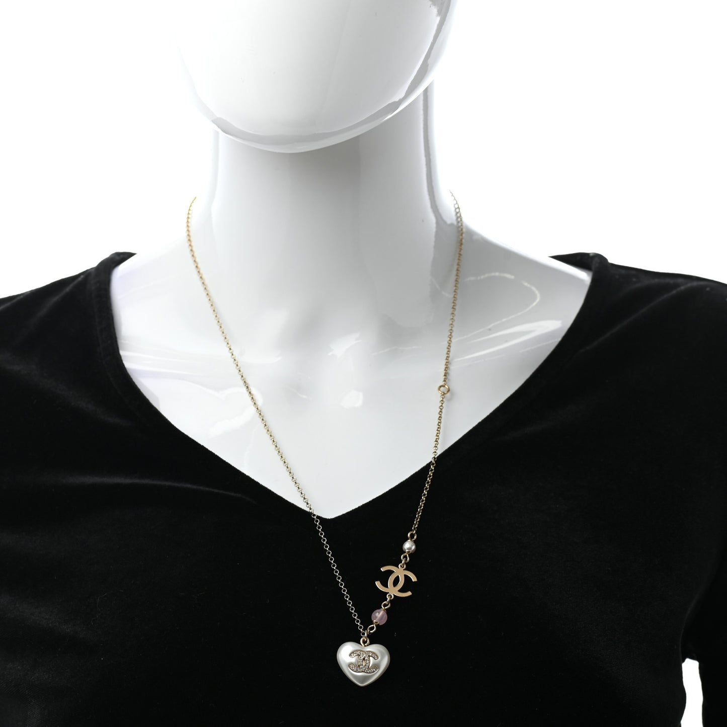 Resin Crystal CC Heart Necklace Pearly White Gold