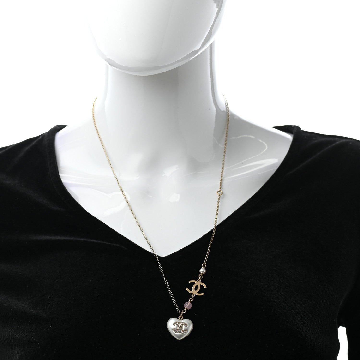 Chanel Resin Crystal CC Heart Necklace Pearly White Gold 2 of 5