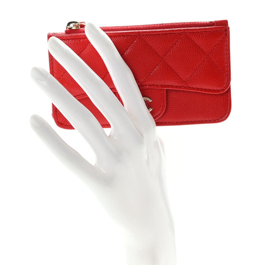 Caviar Quilted Flap Zip Card Holder Red