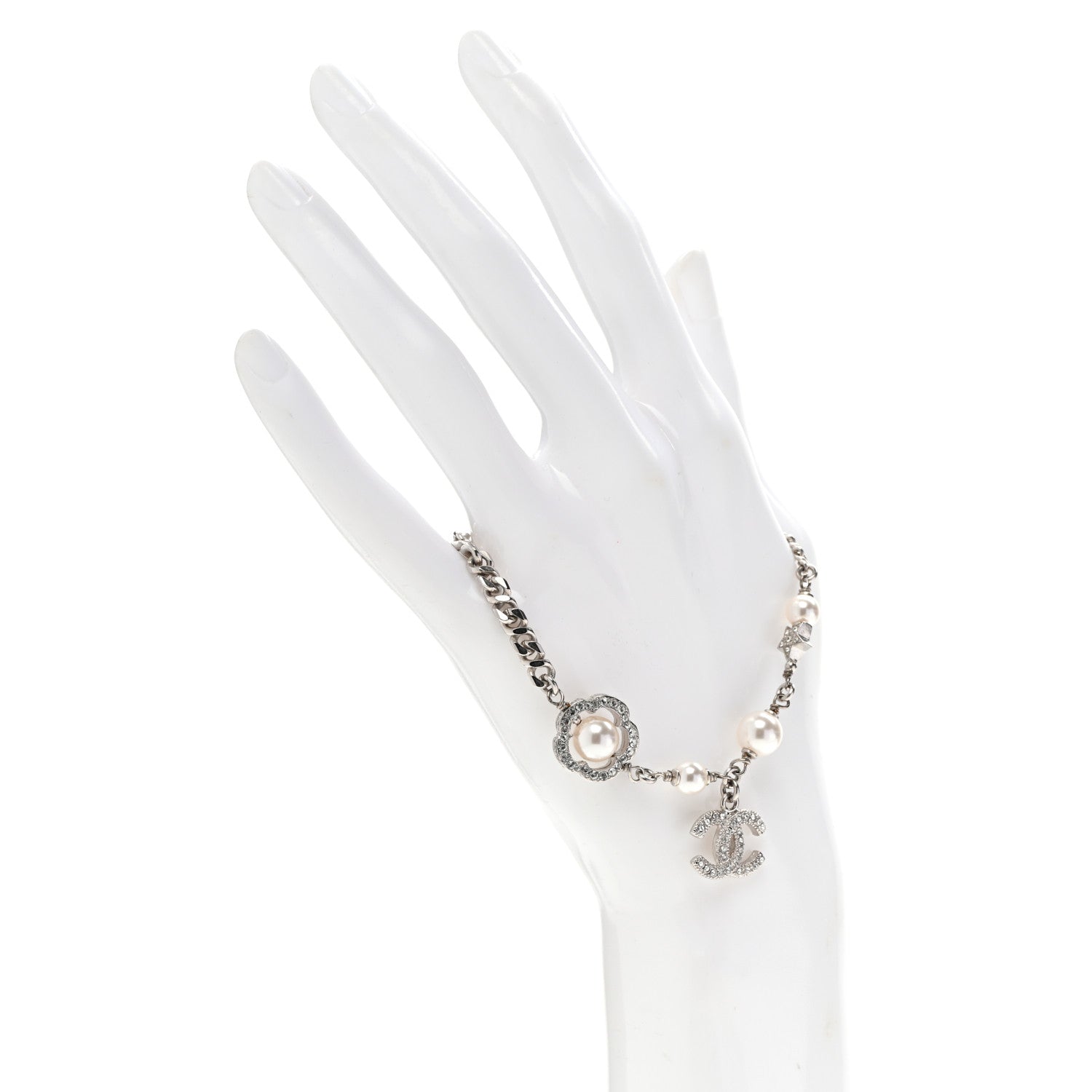 Chanel Crystal Pearl Camellia CC Coco Flapper Bracelet Silver 2 of 5