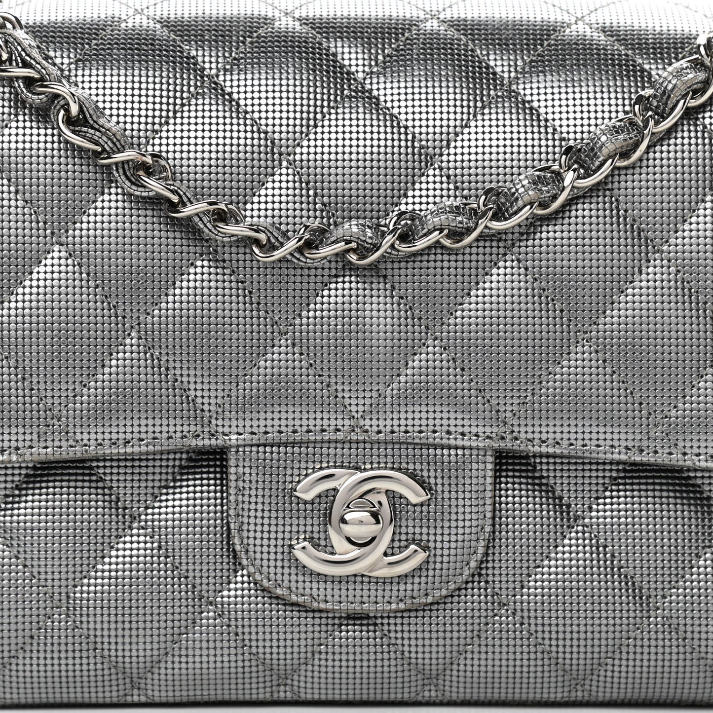 Calfskin Metallic Pixel Effect Medium Double Flap Silver