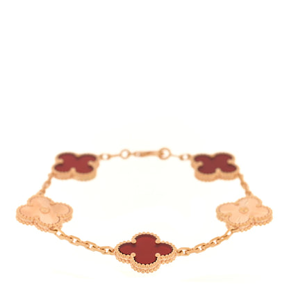 Van Cleef & Arpels 18K Rose Gold Carnelian 5 Motifs Guilloche Vintage Alhambra Bracelet 1 of 4