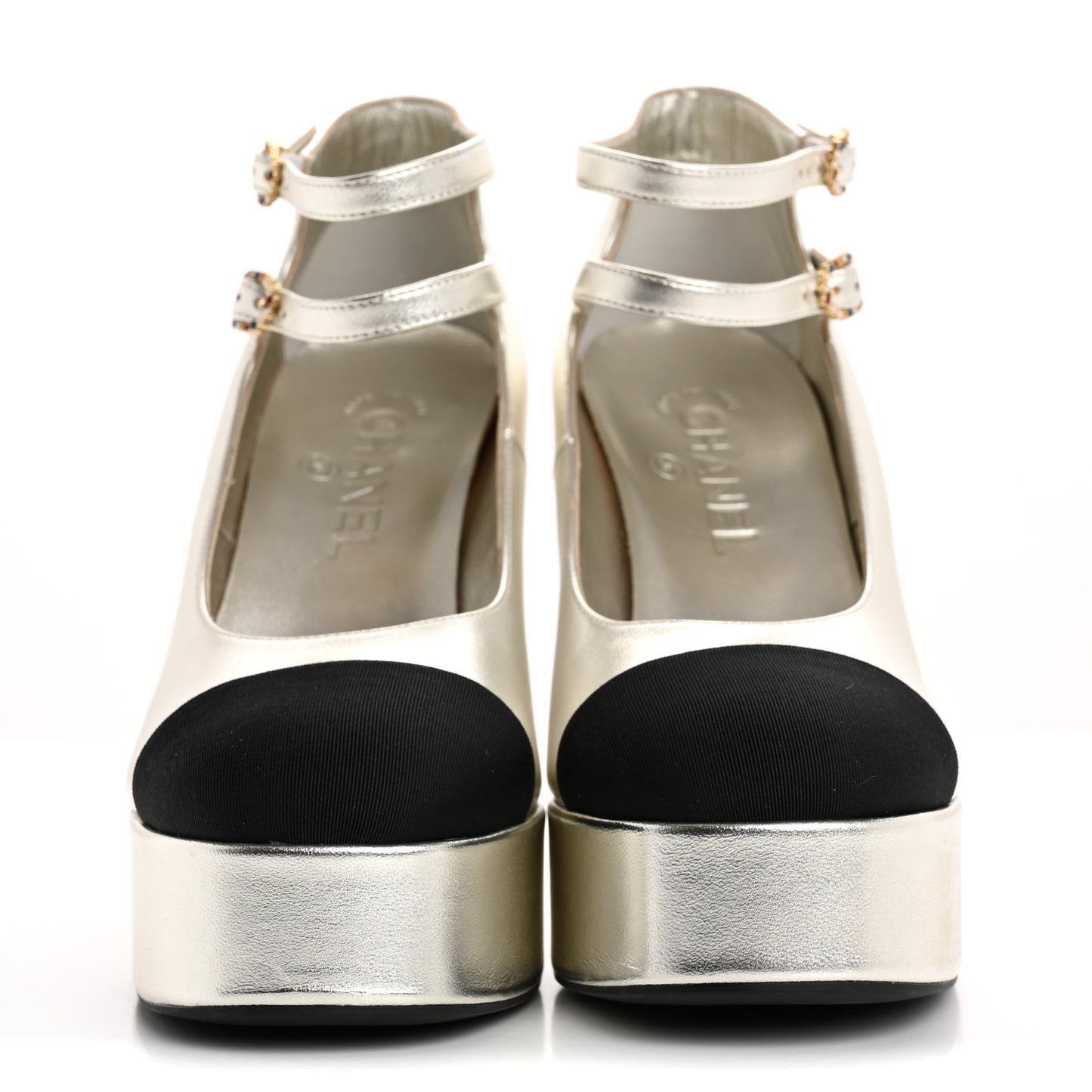 Laminated Lambskin Grosgrain Cap Toe CC Mary Jane Pumps 38 Silver Black