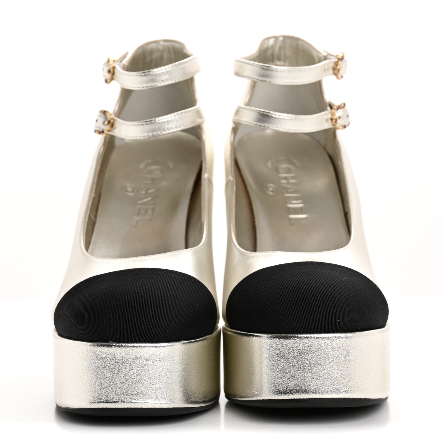 Chanel Laminated Lambskin Grosgrain Cap Toe CC Mary Jane Pumps 38 Silver Black 3 of 14