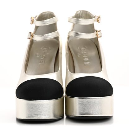 Chanel Laminated Lambskin Grosgrain Cap Toe CC Mary Jane Pumps 38 Silver Black 3 of 14