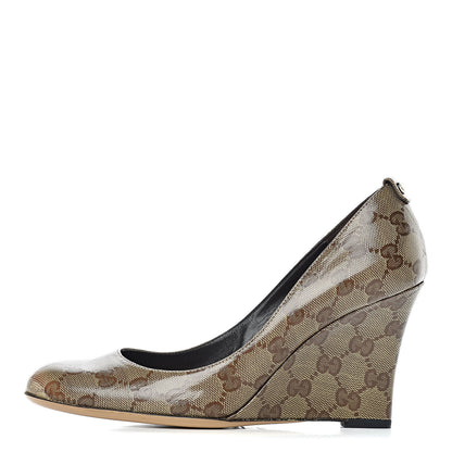 Gucci Crystal Monogram Wedges Pumps 7.5 Beige Ebony 1 of 13