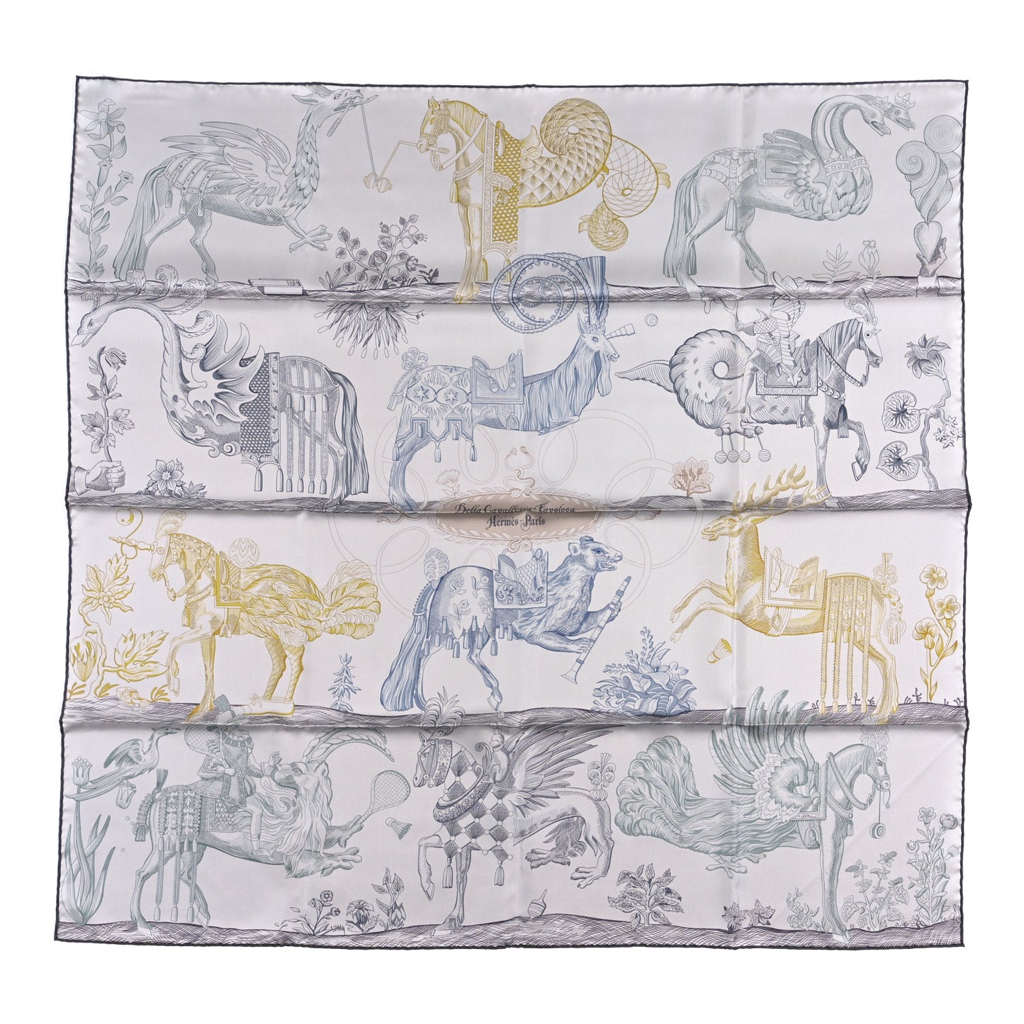 Silk Della Cavalleria Favolosa Double Face Scarf 90 Gris Argent Jaune