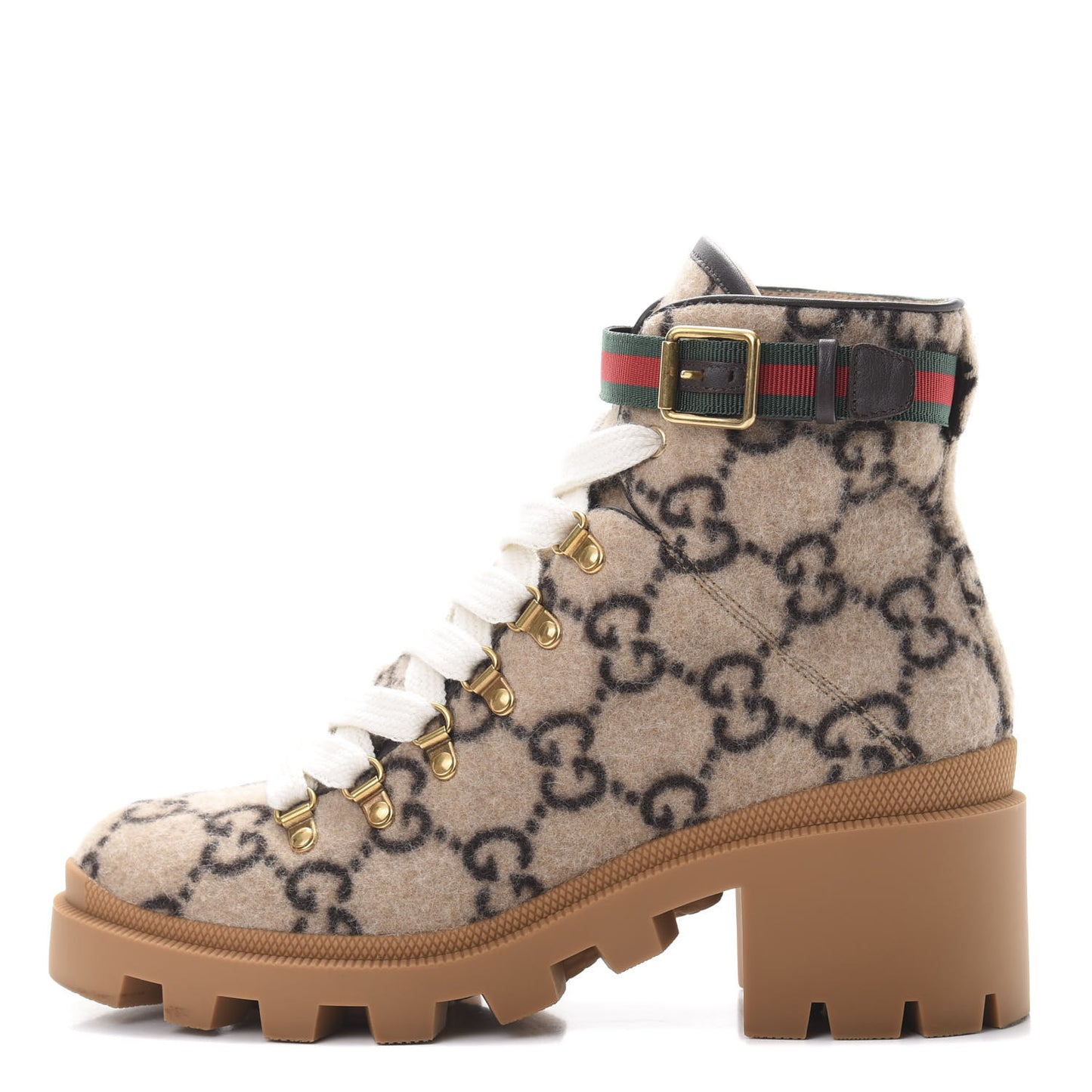 Covered Wool Big GG Monogram Womens Lace Up Combat Ankle Boots 40 Beige Ebony Cocoa