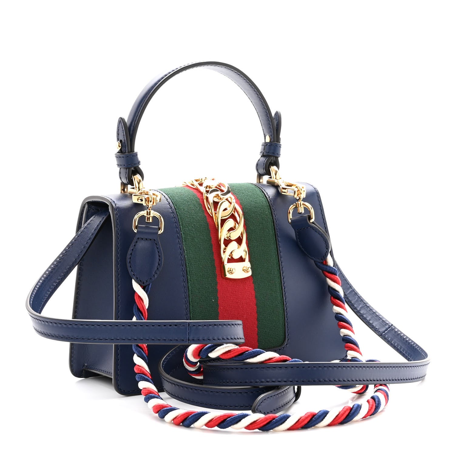 Gucci Vitello Fontanella Web Mini Sylvie Top Handle Bag Blue Agata 3 of 10