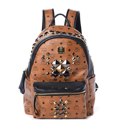 MCM Visetos Studded Colorblock Medium Stark Brock Backpack Cognac Black 1 of 8