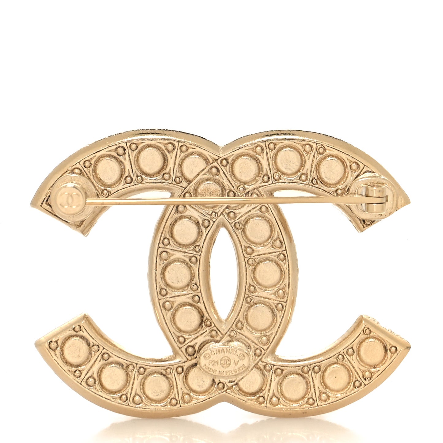 Metal Crystal Graduated Pearl CC Brooch Gold