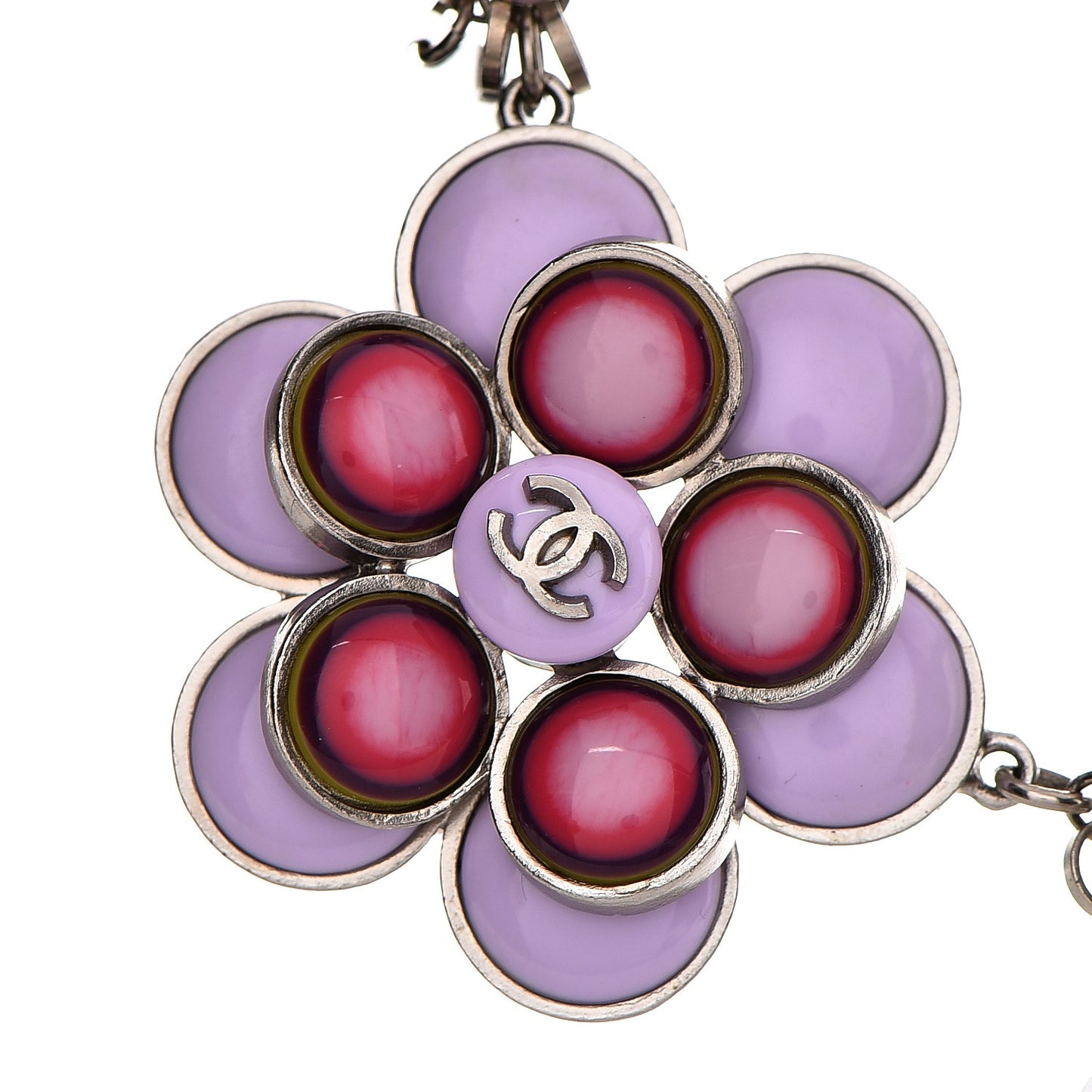 Enamel Plastic Flower Disc CC Necklace Pink Silver