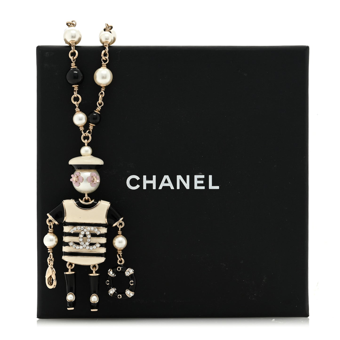Enamel Crystal Pearl Hambourg Sailor Doll Long Necklace Black White