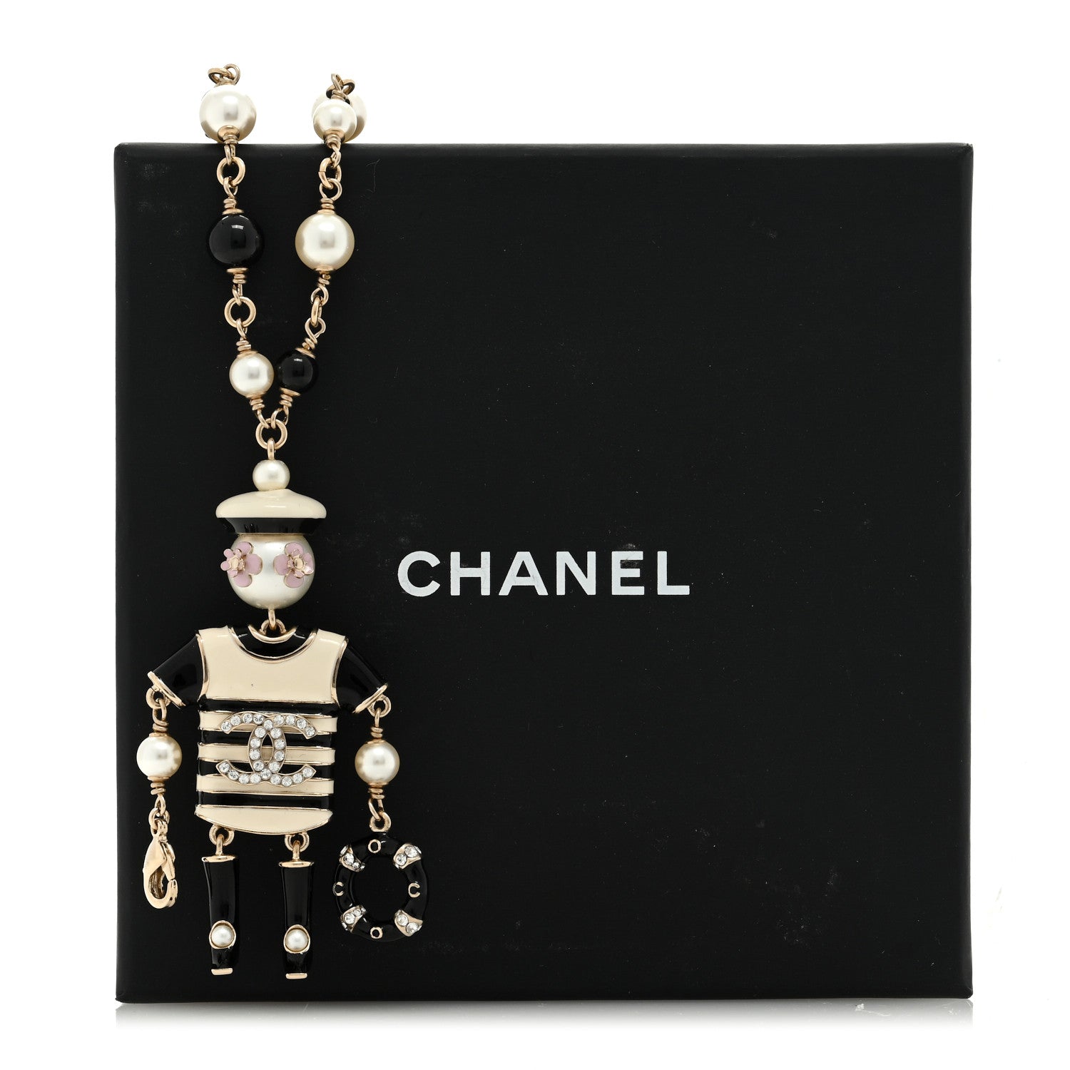 Chanel Enamel Crystal Pearl Hambourg Sailor Doll Long Necklace Black White 5 of 5