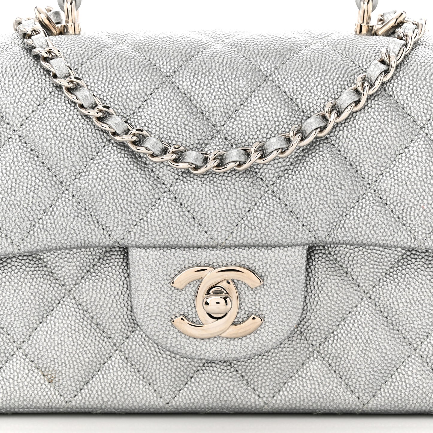 Metallic Caviar Quilted Mini Top Handle Rectangular Flap Silver
