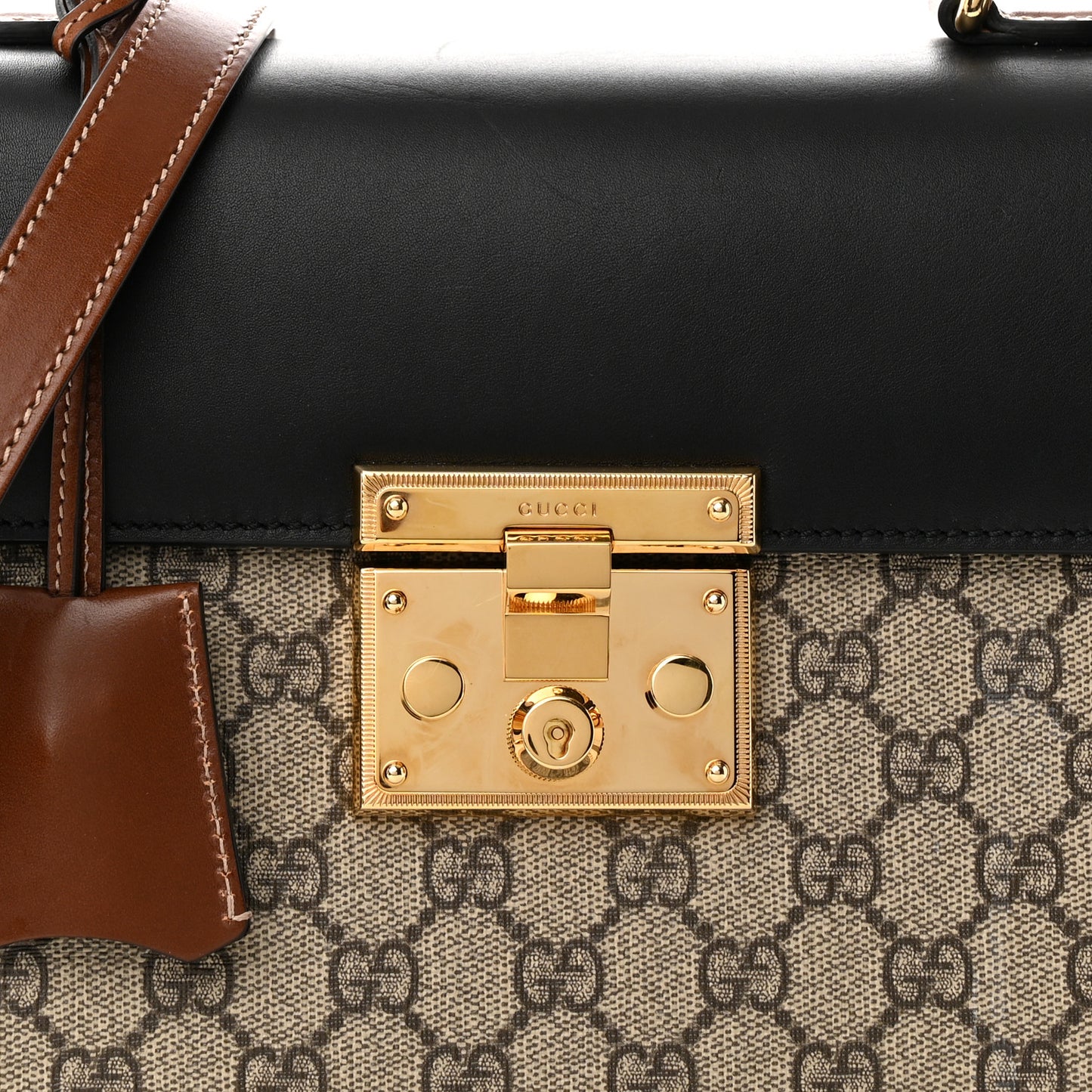 GG Supreme Monogram Calfskin Small Padlock Top Handle Bag Beige Black Cuir