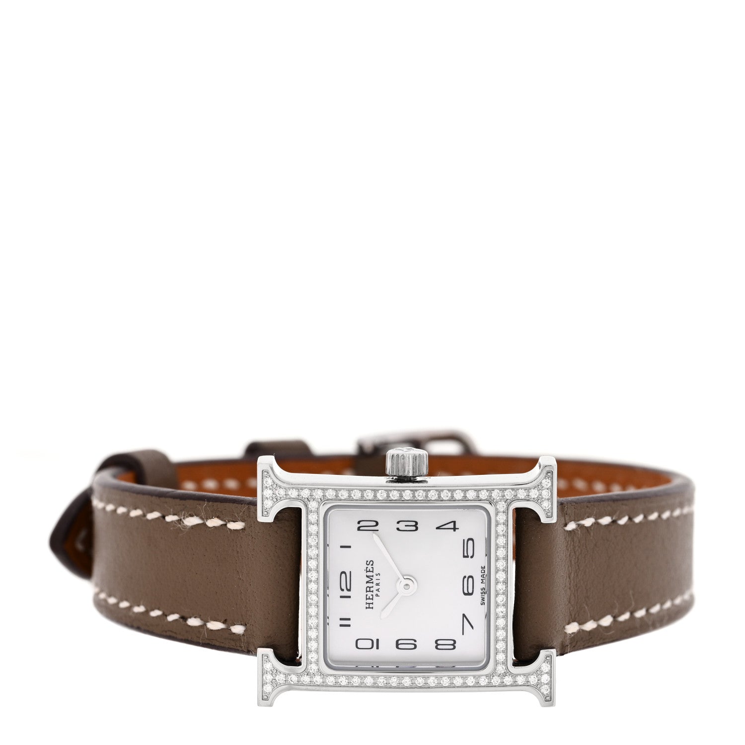 Hermes Stainless Steel Swift Diamond Bezel Mother of Pearl 17.2mm Heure H Hour Quartz Watch Etoupe 2 of 5