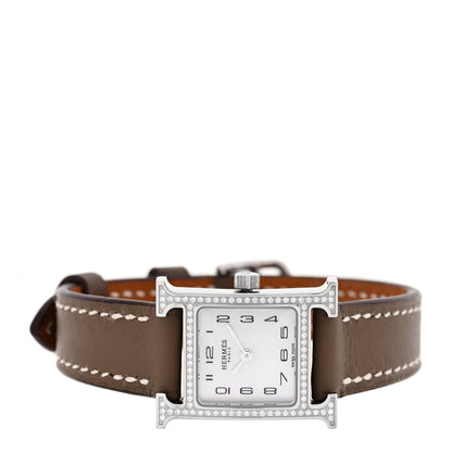Hermes Stainless Steel Swift Diamond Bezel Mother of Pearl 17.2mm Heure H Hour Quartz Watch Etoupe 2 of 5