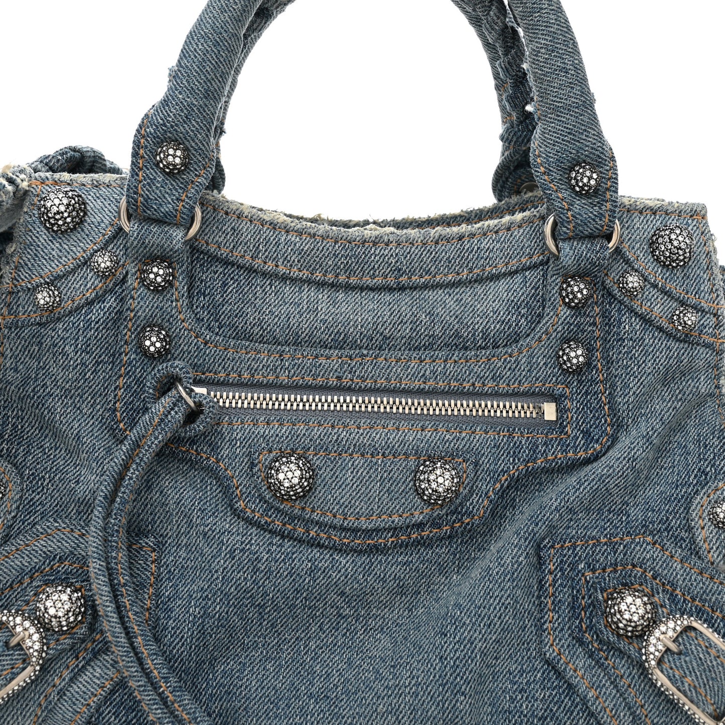 Washed Frayed Denim Crystal Neo Cagole Handbag XS Blue