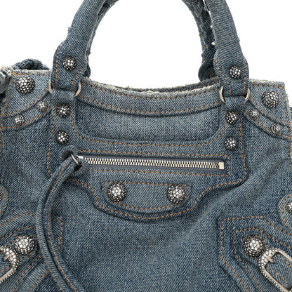 Balenciaga Washed Frayed Denim Crystal Neo Cagole Handbag XS Blue 9 of 11