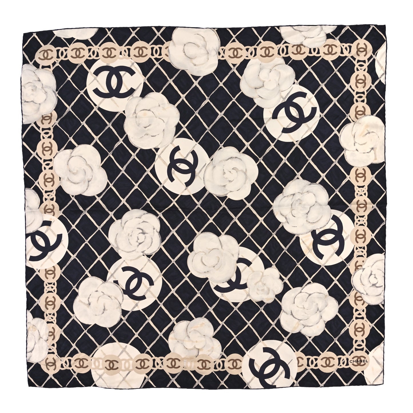 Silk Camellia CC Square Scarf Black