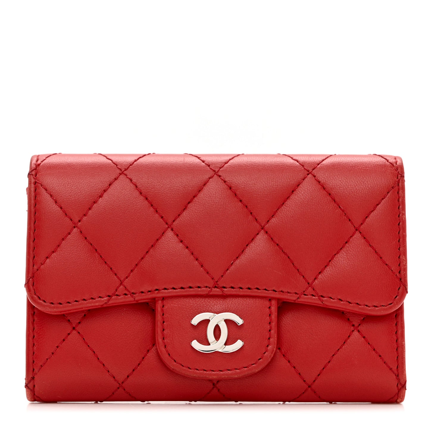 Lambskin Quilted Flap Card Holder Red