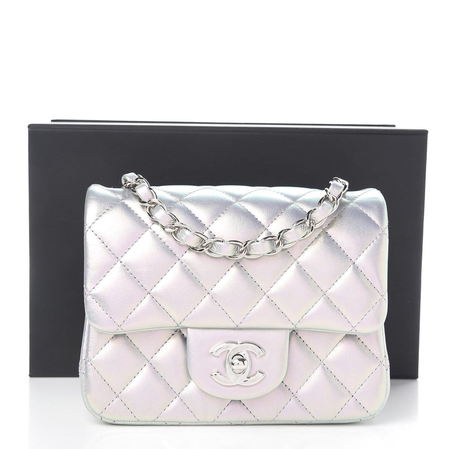 Iridescent Calfskin Quilted Mini Square Flap Light Purple