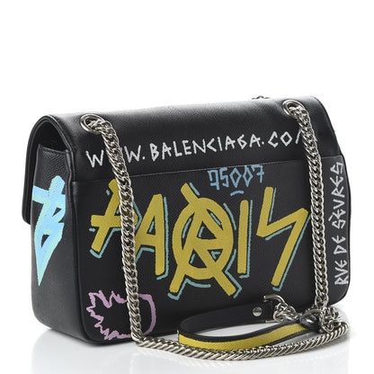 Balenciaga Grained Calfskin Graffiti M BB Round Shoulder Bag Black Multicolor 2 of 9