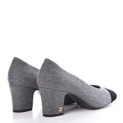 Chanel Wool Velvet Cap Toe Pumps 37 Grey Black 4 of 9