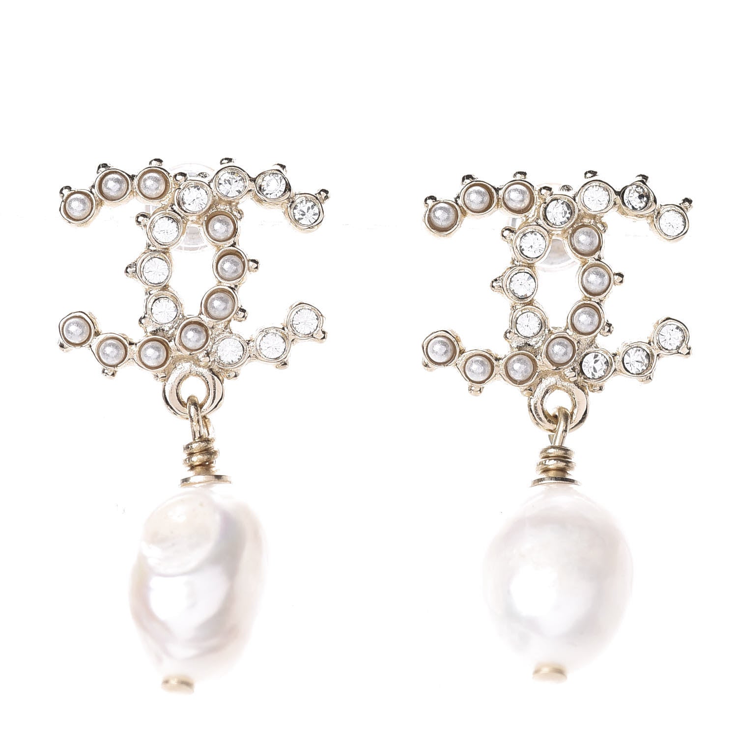 Chanel Crystal Pearl CC Drop Earrings Gold 1 of 3