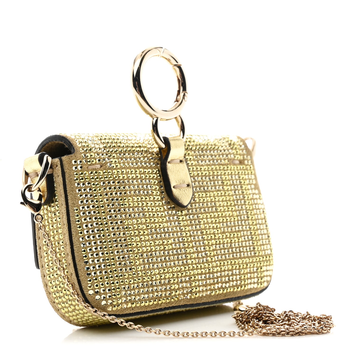 Fendi Crystal Vitello Laminato FF Nano Maxi Buckle Baguette Charm Light Gold 2 of 10