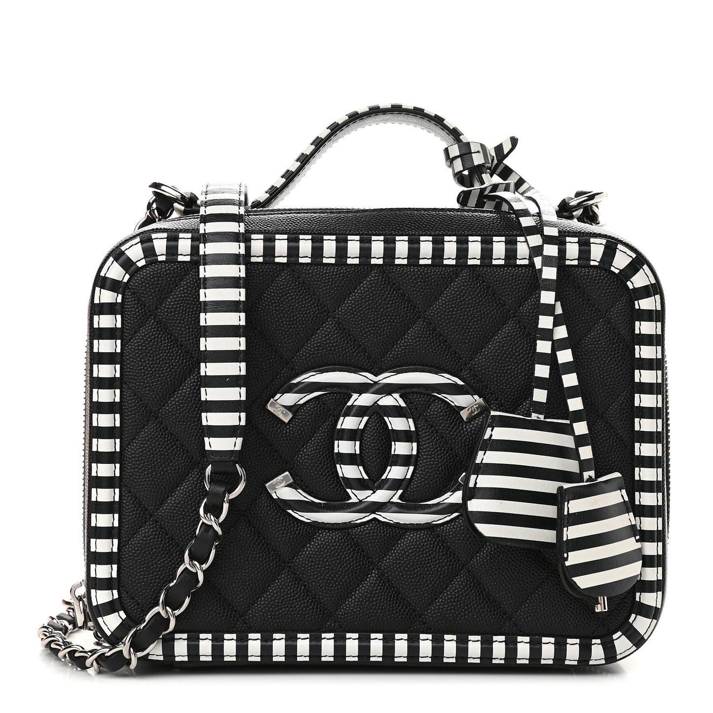 Caviar Quilted Striped Medium CC Filigree Vanity Case Black White