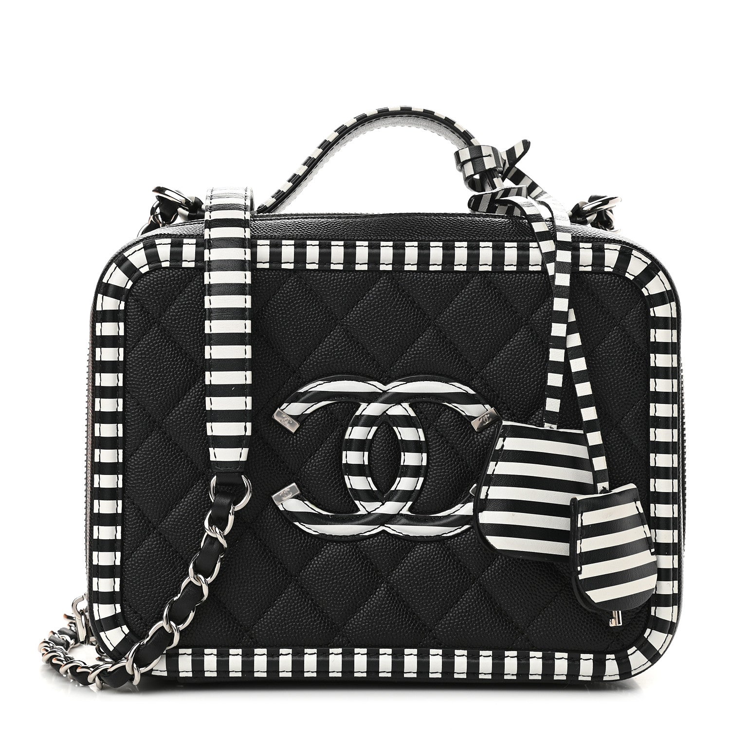 Chanel Caviar Quilted Striped Medium CC Filigree Vanity Case Black White 1 of 9