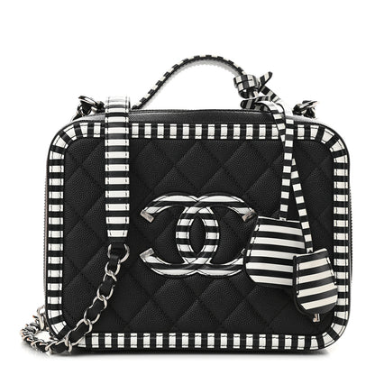 Chanel Caviar Quilted Striped Medium CC Filigree Vanity Case Black White 1 of 9